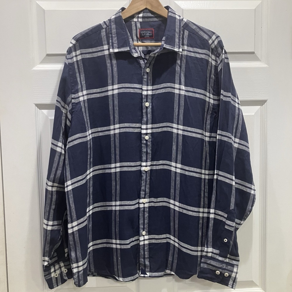 Untuckit Linen Shirt Mens XL Blue Plaid Long Sleeve Button Up Slim Preppy Casual